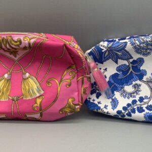 2 ESTEE LAUDER Hot Pink with Tassel & Blue Floral Makeup Bag Zippered Travel